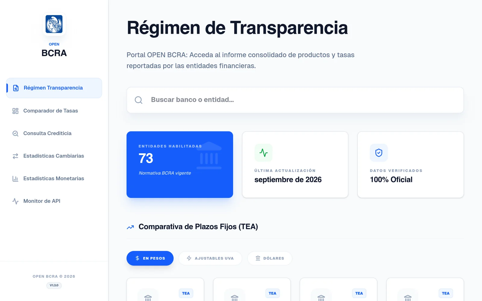 Captura de pantalla de OPEN BCRA